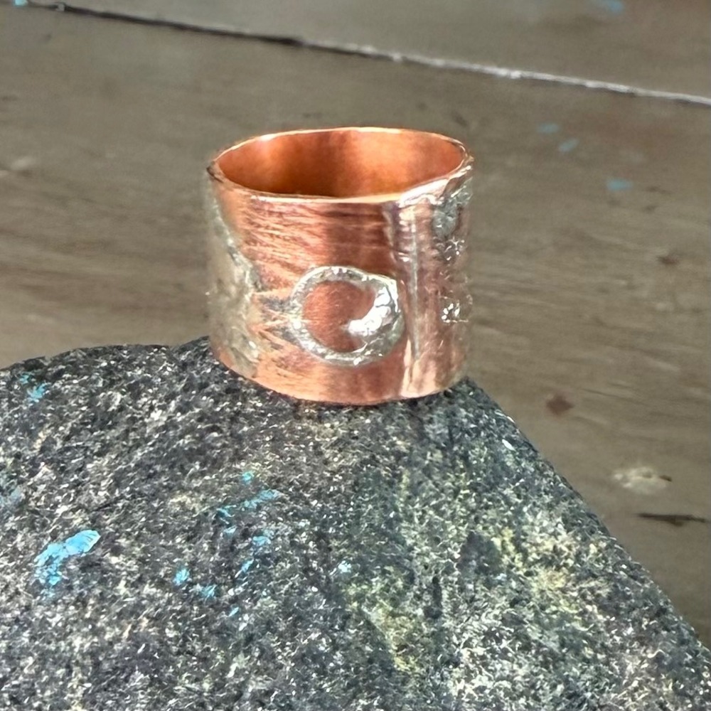 Handmade Rustic Mixed Metal Ring Copper Sterling Silver Wide Band Size 7.75